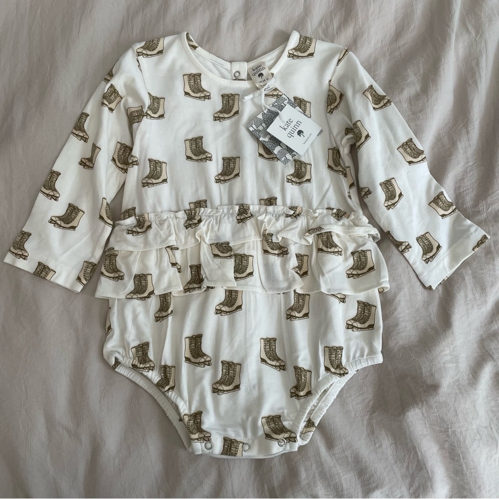 Kate Quinn Ice Skates Print Onesie w/ Ruffle Bottom